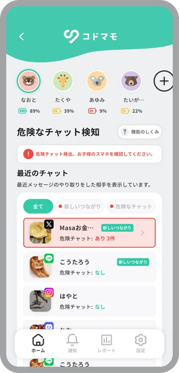 コドマモの保護者アプリで危険なチャットが検出された画面